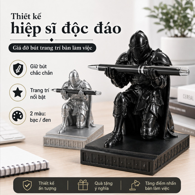 Đồ decor bàn học hiệp sĩ giá đựng bút hộp bút để bàn kiêm giá đỡ điện thoại quà tặng độc đáo