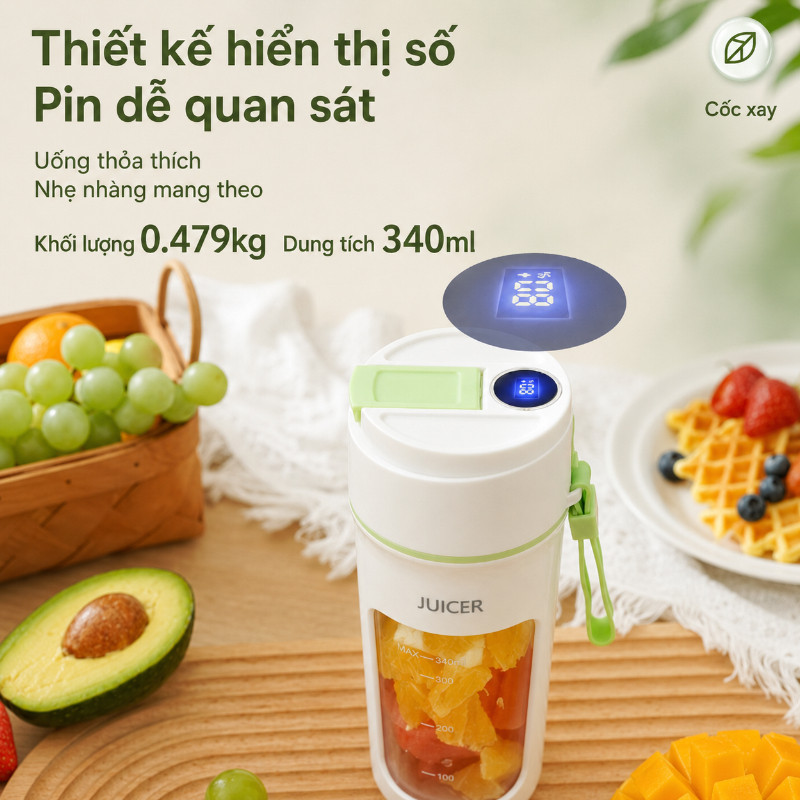 Máy Xay Sinh Tố Mini 10 Lưỡi, Cầm Tay, 400ml, Có Màn Hình Số, Kèm ống Hút, Xay đá, Sạc USB, đi Làm, Gym, Du Lịch