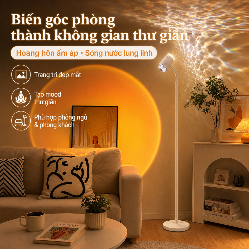 Đèn Sóng Nước Hoàng Hôn 2in1 Có Điều Khiển, Ánh Sáng Lãng Mạn Trang Trí Phòng Ngủ, Phòng Khách Và Làm Nền Livestream