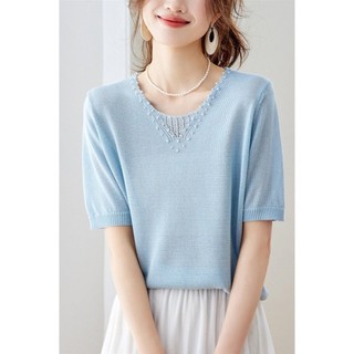 Dệt Kim Nữ Tay Ngắn Nữ Mỏng Phong Cách Mùa Hè Cổ Chữ V Thời Trang Phù Hợp Với Áo Thun Lụa Băng Đơn Giản 20