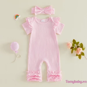 Bộ áo liền quần ngắn tay có gân có nơ cho bé gái