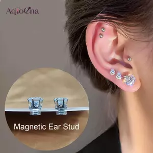 AqToCna Pha Lê ic Ear Stud Dễ Dàng Sử Dụng Kẹp Bông Tai Nữ Punk Tròn Zircon Nam Châm Bông Tai Không Xuyên Trang Sức AqToCna