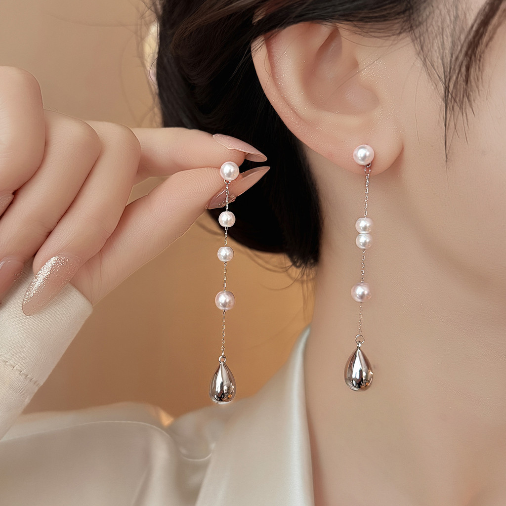 Bông tai tua rua ngọc trai thả nước đa năng bạc