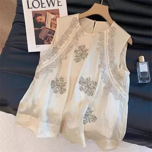 Vải Lanh Cotton Công Nghiệp Nặng Thêu Không Tay Cổ Tròn Mỏng Áo Nữ Niche Retro Lười Sang Trọng 5.26