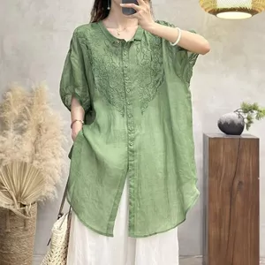 Áo Sơ Mi Tay Ngắn Vải Lanh Cotton Giữa Chiều Dài Nghệ Thuật Retro Cổ POLO Thêu Top Phù Hợp Với Quần Áo Nữ Rộng 5.26