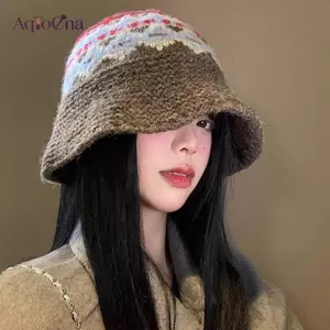 AqToCna Retro Jacquard Dệt Kim Buet Mũ Thu Đông Hàn Quốc Ấm Áp Thường Ngày Lưu Vực Mũ Nữ AqToCna