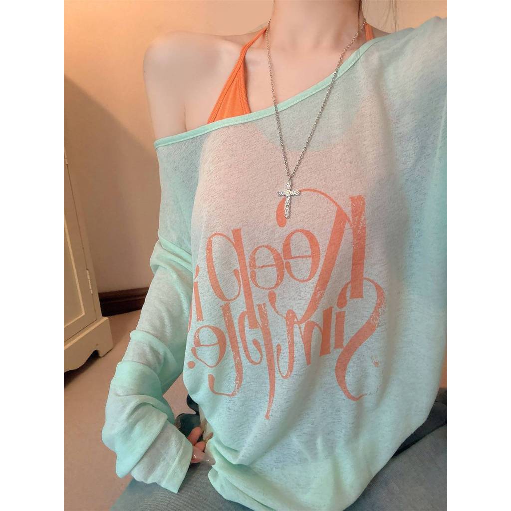 Milyfashion Dây Đeo Cổ Phù Hợp Với Miếng Lót Ngực Lười In Chữ Chống Nắng Áo Thun Dài Tay Rời Ôm Hơn Nhìn Phiên Bản Hàn Quốc Tất Cả @ -