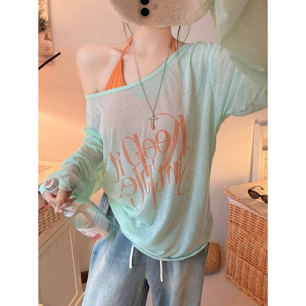 Milyfashion Dây Đeo Cổ Phù Hợp Với Miếng Lót Ngực Lười In Chữ Chống Nắng Áo Thun Dài Tay Rời Ôm Hơn Nhìn Phiên Bản Hàn Quốc Tất Cả @ -
