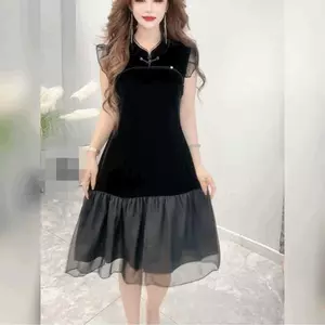 Váy voan đuôi cá khổng lồ đẹp mắt với váy sườn xám nhung phong cách Trung Quốc mới Phong cách quốc gia Khóa băng nhung đen