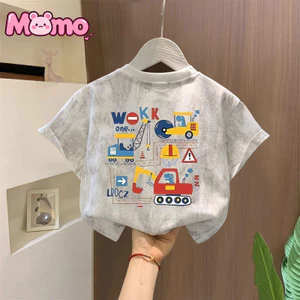 Áo cổ tròn ngắn tay in hình hoạt hình máy xúc dành cho bé trai và bé gái