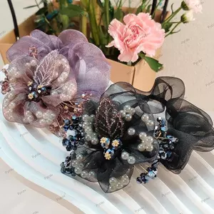 Dây buộc tóc hoa PYCOU, Dây buộc tóc hoa ngọc trai giả Organza, Dây cao su co giãn ren lớn thanh lịch Phụ kiện tóc