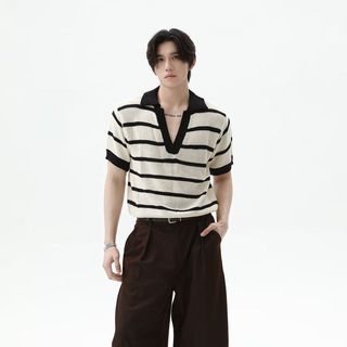 Áo thun polo dệt kim sọc sọc tương phản cao cấp phong cách đường phố cổ điển dành cho nam và nữ