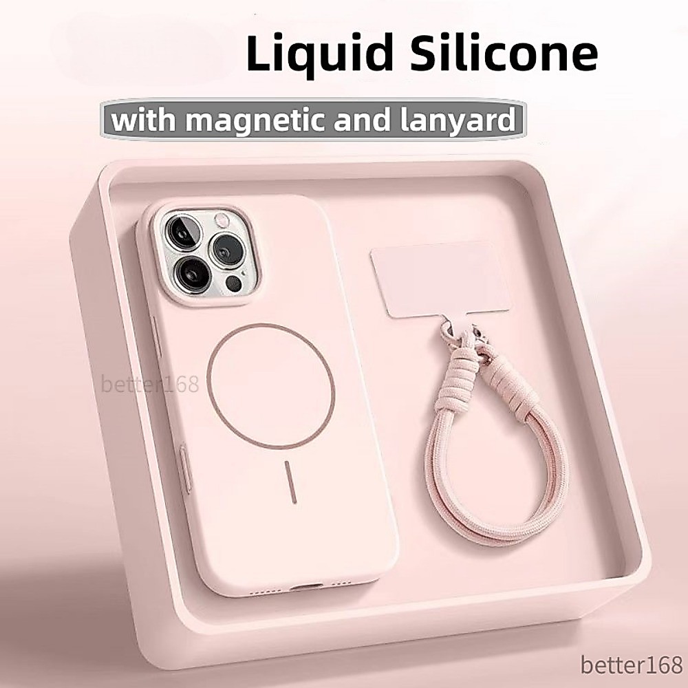 Có Dây Buộc Silicon Lỏng Chống Sốc Từ Tính Ốp lưng iPhone 11 12 13 14 15 16 Pro Max Plus Chống Vân Tay Chống Bẩn Vỏ Mềm