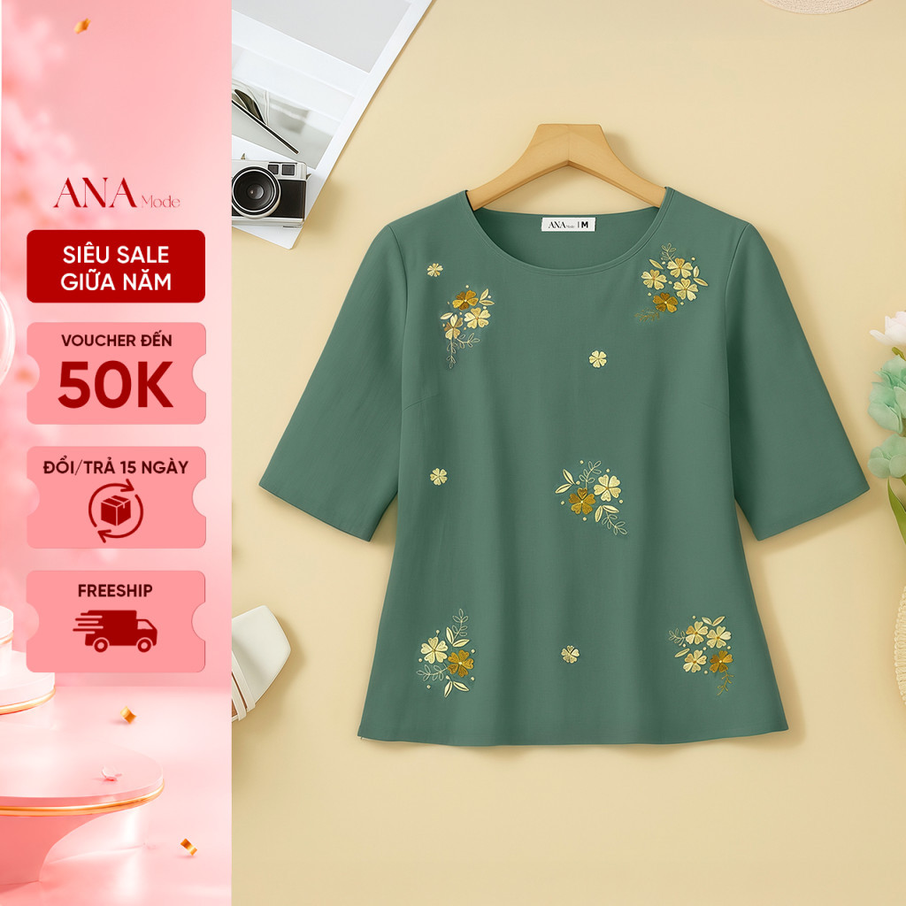 Áo Kiểu Thêu Hoa Trung Niên ANA Mode Chất Liệu Tơ Xước Cao Cấp Đi Chơi Quà Tặng Mẹ AK25CBC10