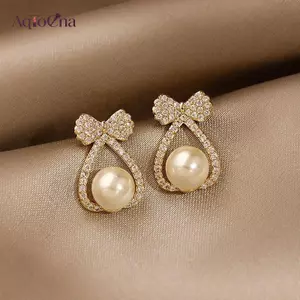 AqToCna Ngọc Trai Đinh Nơ Pha Lê Bông Tai Nữ Bông Tai Nhỏ Cưới Trang Sức Thời Trang AqToCna
