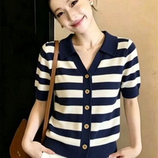 Dệt Kim Tay Ngắn Nữ Sọc Mỏng Hơn Nhìn Ve Áo Sang Trọng Văn Phòng Áo Thun Phiên Bản Hàn Quốc