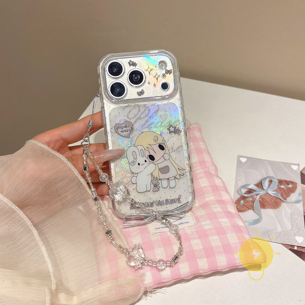Phone Case For iPhone 17 Pro Max 16 15 TPU Keychain Chain Rabbit Polka Dot Heart Laser Aesthetic Korean Cute
