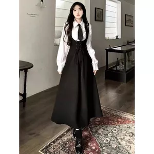 Preppy Ngọt Ngào Cao Cấp Đồng Phục Dây Đeo Đầm Eo hẹp Phong Cách Mới Ôm Hơn Áo Sơ Mi Váy Hai Mảnh Phù Hợp Với