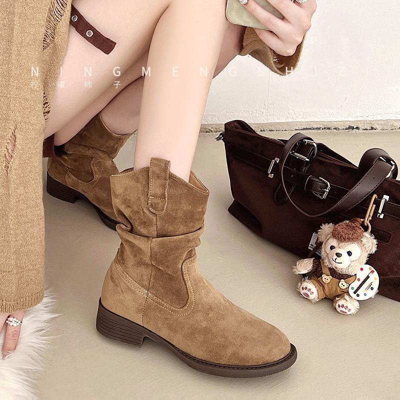 Bốt Nữ Ngắn Cổ Thấp Phong Cách Tây, Da Lộn Mềm Nhẹ, Đế Bằng Êm Ái, Dễ Phối Đồ Đi Học Đi Làm
