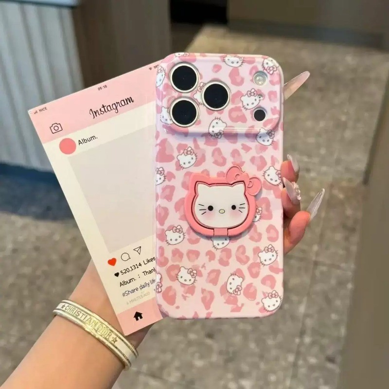 Ốp lưng iPhone Sweet Cool họa tiết da báo Hello Kitty có giá đỡ điện thoại IP - 11/12/13/14/15/16/17/Plus/Air/Pro/Max