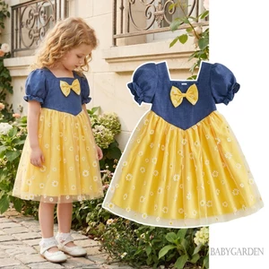 9m-4y Bé Gái Mùa Hè Đầm Nơ Dễ Thương Hoa Cúc Lưới Cổ Vuông Tay Ngắn Cho Bé Quần Áo Dễ Thương