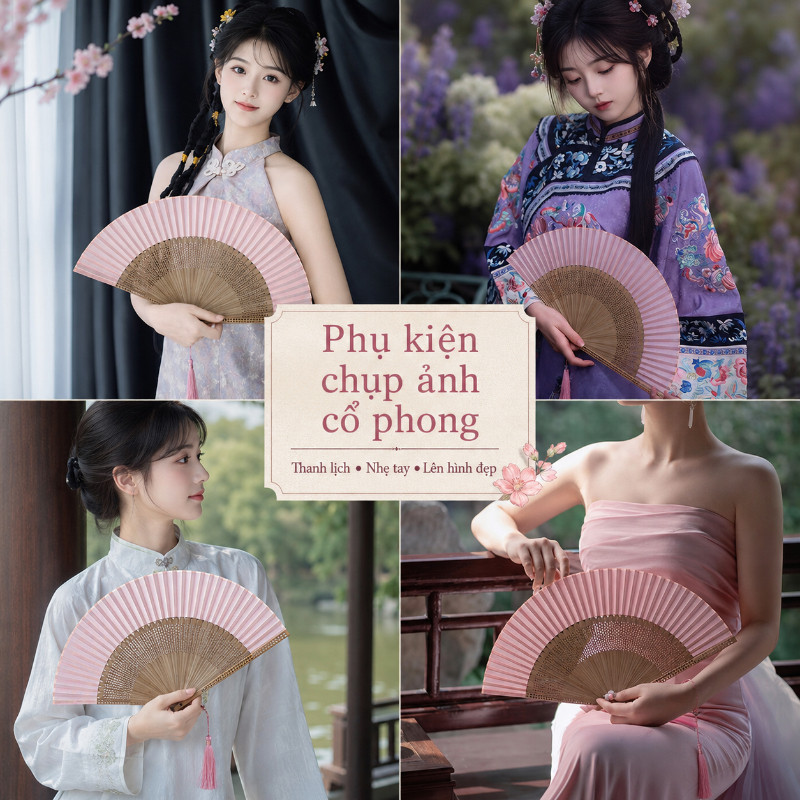 Quạt Múa Tre Cao Cấp - Nan Tre Mỏng, Thiết Kế Sang, Kèm Bao & Tua Rua, Cho Biểu Diễn & Ảnh Nghệ Thuật