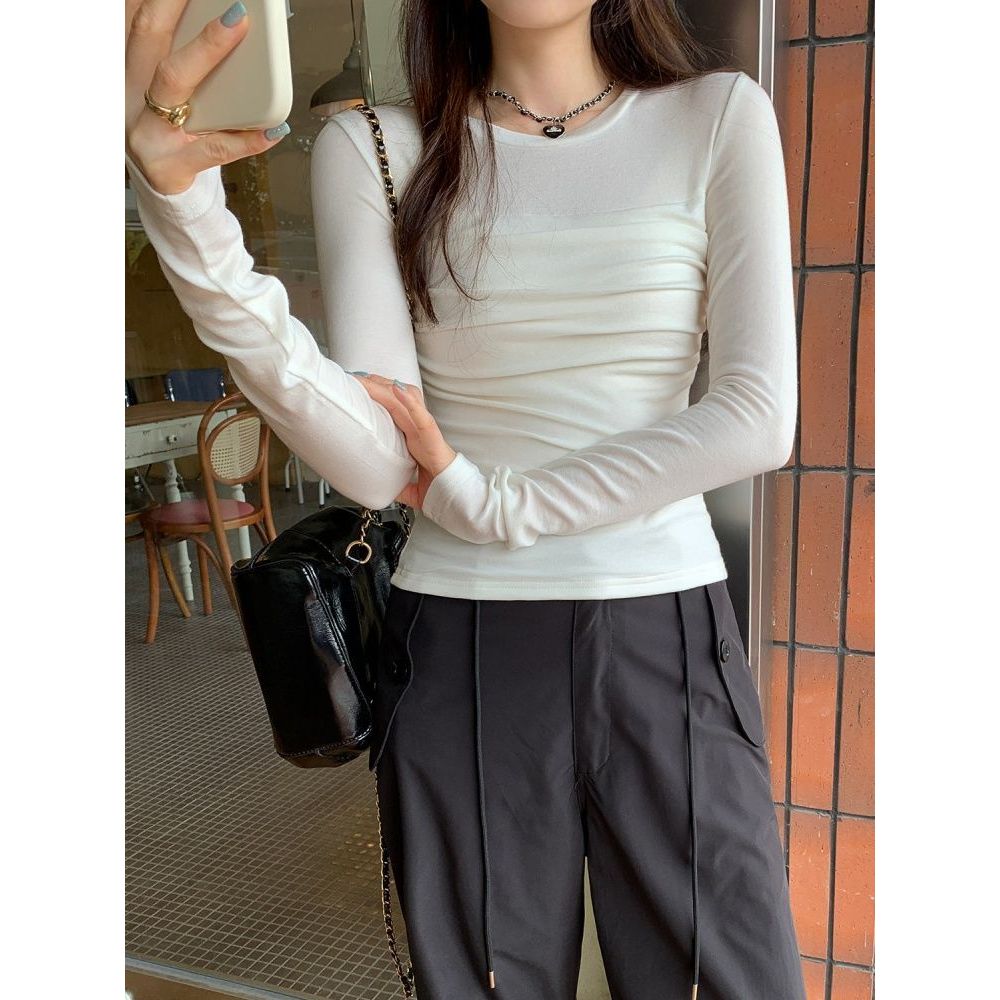 Milyfashion Mỏng Lưới Dài Tay Áo Thun Nữ Đầu Thu Phong Cách Mới Xếp Ly Slim-Fit Đáy Áo Sơ Mi Ngắn Top Bé tee Y2K