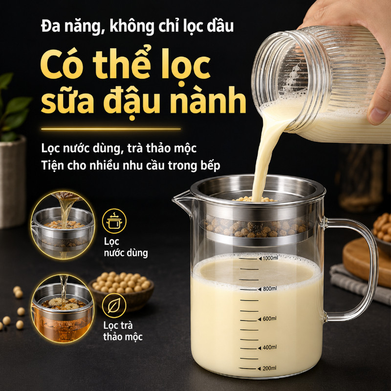 Ca Lọc Dầu Ăn - Thuỷ Tinh Borosilicate Chịu Nhiệt, Lưới Lọc Inox 304, Dung Tích Lớn, Tái Sử Dụng Dầu Sạch & An Toàn