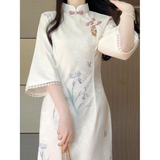 Sườn Xám Cách Tân Tay Lửng Rộng Phối Ren - Váy Tiểu Thư Tôn Dáng