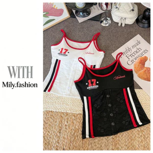 Milyfashion Cotton Ren Khâu Sling Có Miếng Lót Ngực Mùa Hè Slimfit Ôm Hơn Nhìn Ngọt Cay Ngắn Top Thể Thao Phong Cách Mới Y2K XHJU