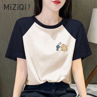 [MIZIQI] Áo thun ngắn tay Cotton nguyên chất dành cho nữ, cổ tròn in hình hoạt hình màu tương phản dáng rộng