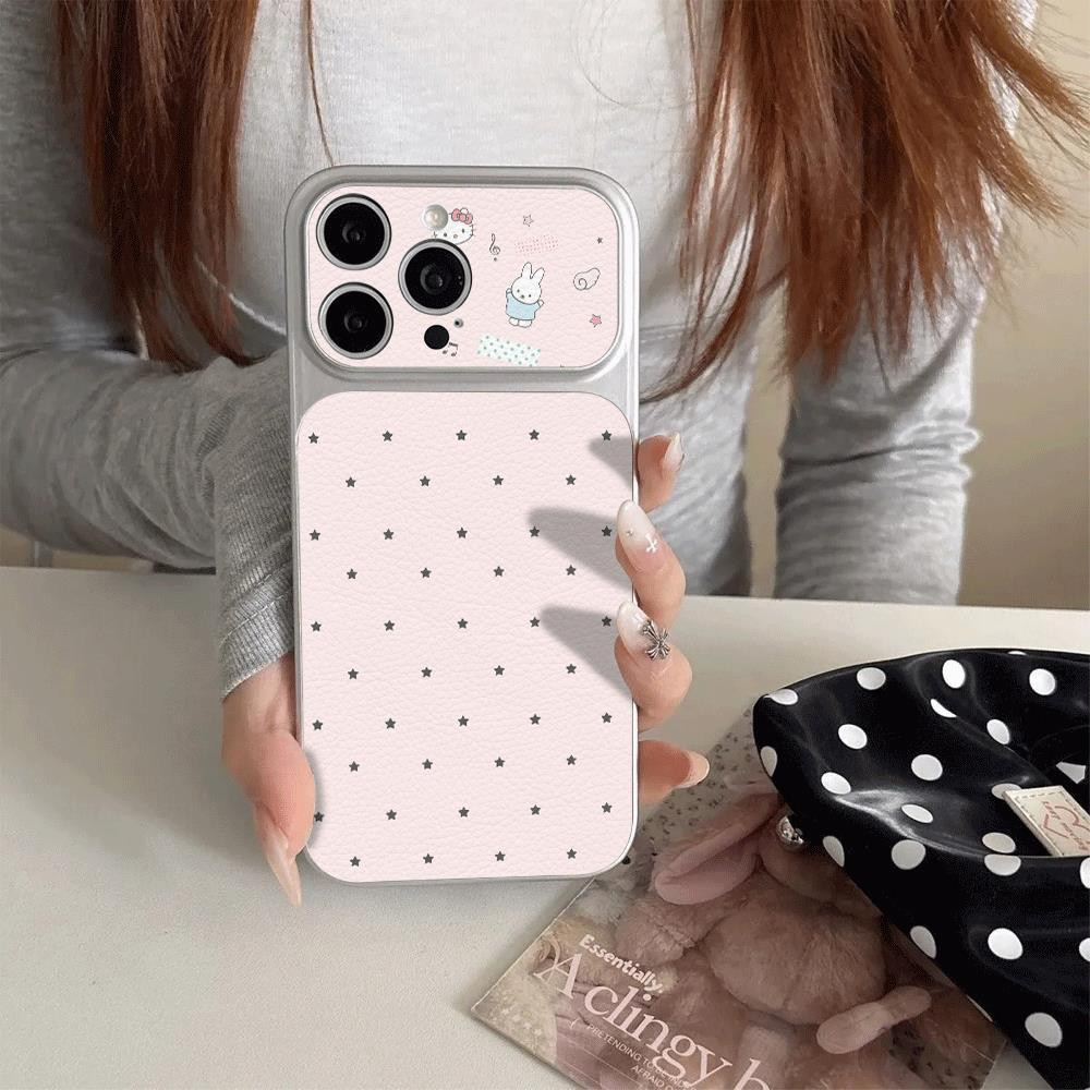 Ốp điện thoại họa tiết da mạ điện cho iPhone 17 16 15 14 13 12 11 Pro Max Plus Xr Xs Max Chấm Hồng Miffy Rabbit