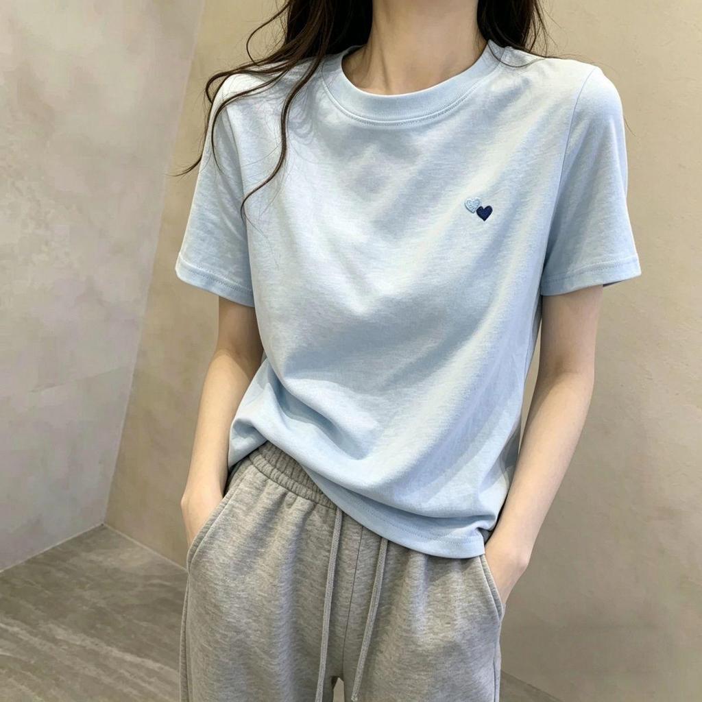 [Seckill trong thời gian có hạn] Áo thun ngắn tay thêu trái tim màu xanh bông tuyết dành cho nữ Vai chính hãng mùa hè Phong cách mới che phủ da thịt Sli