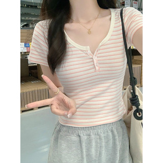 Áo thun ngắn tay sọc cổ chữ U dành cho nữ mùa hè Phong cách mới Slim-fit Slimmer Look Học sinh hàng đầu