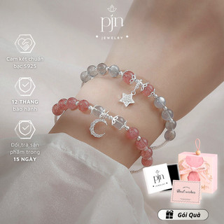 Vòng Tay Nữ Bạc Charm Mặt Trăng Mix Thạch Anh Hồng Dâu Tây Thu Hút Tình Duyên Và May Mắn Bình An