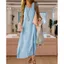Váy nữ NICOLOO, Váy không tay màu xanh vải lanh, Váy dài Maxi cổ chữ V Cotton nguyên khối đi biển kỳ nghỉ