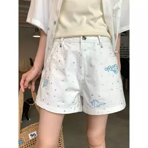 Mùa hè Phong cách mới Trái tim nhỏ Quần short Denim thêu thẳng Quần nóng