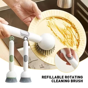 Bàn chải làm sạch nhà bếp phân phối chất lỏng có thể đổ lại mới Máy chà sàn bát đĩa xoay 360 độ có nút bấm