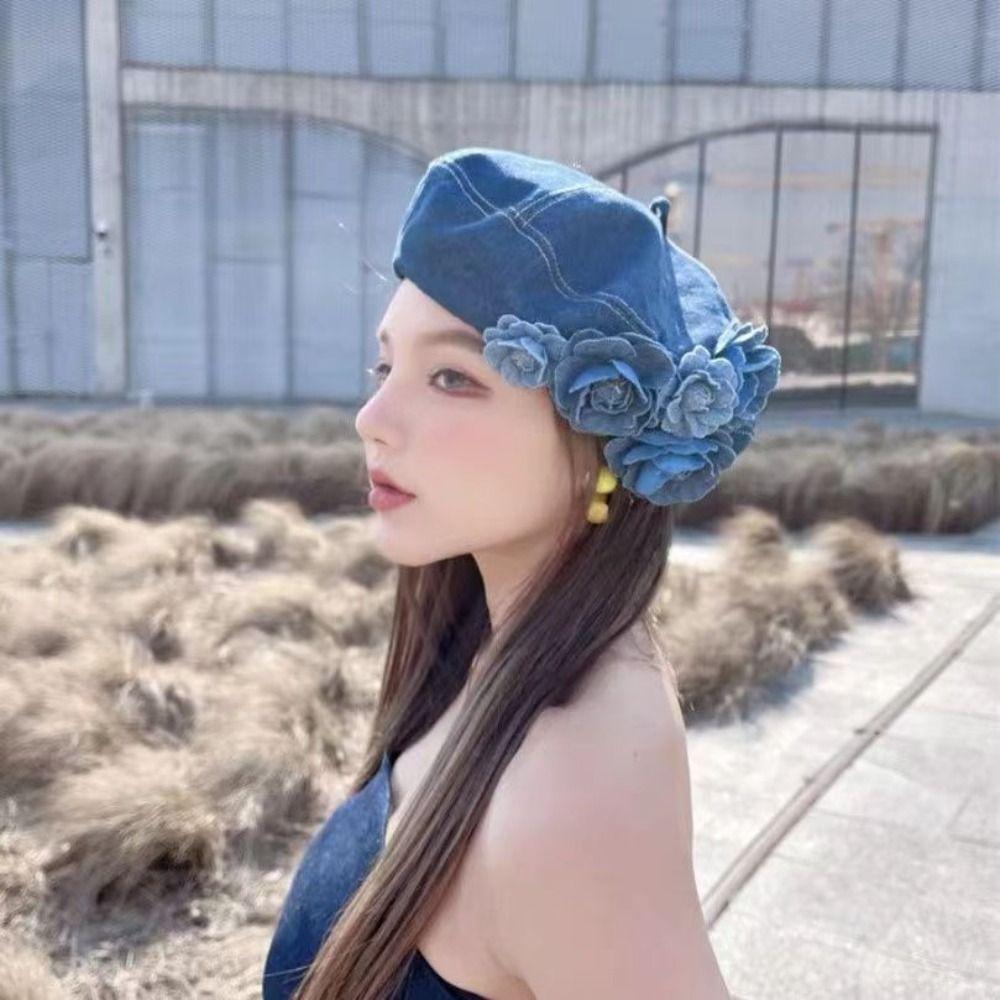 [Demo3] Mũ Họa Sĩ Cotton, Mũ Nồi Lông Tơ Camellia Hợp Thời Trang, Mũ Nồi Hoa Thường Ngày Xuân Hè Màu Denim