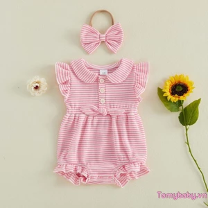 Bộ áo liền quần sọc cho bé gái Áo liền quần cổ búp bê tay bay mùa hè