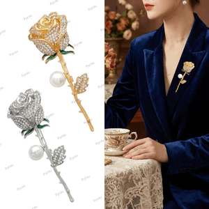 Trâm cài hoa hồng PYCOU, Trâm cài hoa hợp kim chống phai màu, Trang sức kim cương lấp lánh đầy thanh lịch