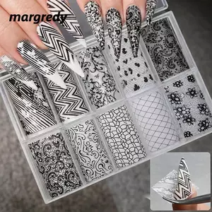 MARGREDY Dán Móng Tay, Thiết Kế Ren Da Báo In Móng Tay, Hiệu Ứng Sequin Chuyên Nghiệp Họa Tiết Sọc Đen Trắng Đề Can Làm Móng Tay Trang Trí Móng Tay