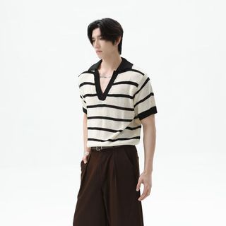 Áo thun polo dệt kim sọc sọc tương phản cao cấp phong cách đường phố cổ điển dành cho nam và nữ