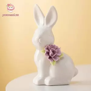 PWSEND Bunny Các bức tượng nhỏ, Tượng thỏ Mini thiết kế hoa, Trang trí bàn làm việc bằng gốm dễ thương Trang trí máy tính để bàn văn phòng