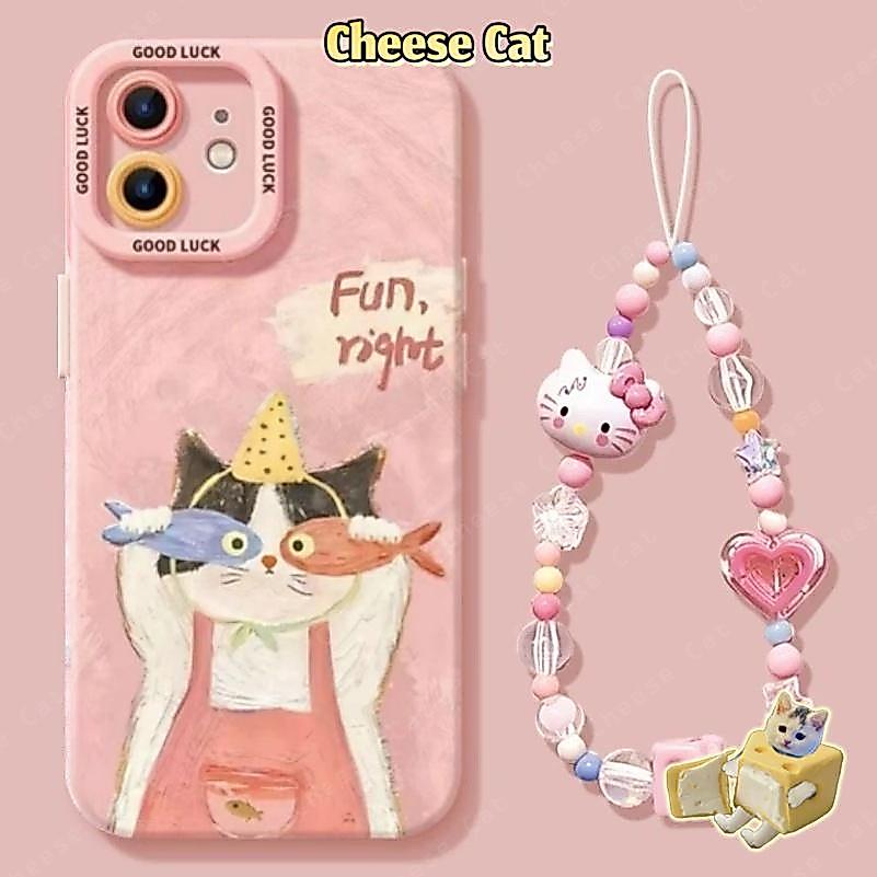 Ốp điện thoại hình mèo con có dây buộc màu hồng và bắt cá cho iPhone 13 14 15 Plus 11 12 16 17 Pro Max XR Xs Max 7Plus