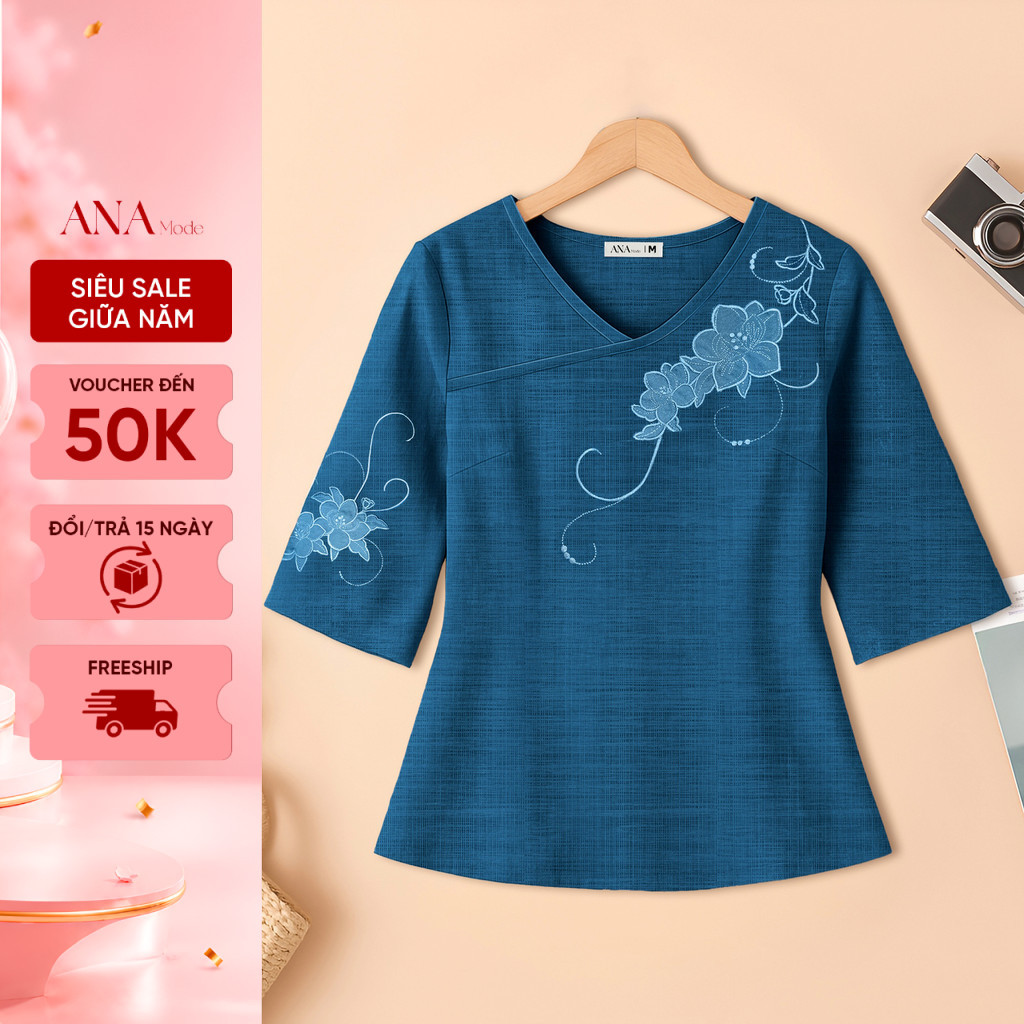 Áo Kiểu Form Rộng Trung Niên ANA Mode Chất Liệu Đũi Vân Thanh Lịch Đi Chơi Quà Tặng Mẹ AK25VBD15