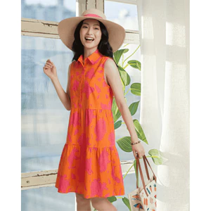 Đầm Không Tay Xếp Tầng Màu Cam In Họa Tiết Hoa Hồng Rực Rỡ Phong Cách Boho Thoải Mái Ngày Hè