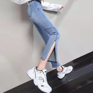 Quần thuốc lá dài đến mắt cá chân có khe hở màu xanh nhạt Co giãn lưng cao thẳng Slim-fit Xuân hè Hàng ngày All-