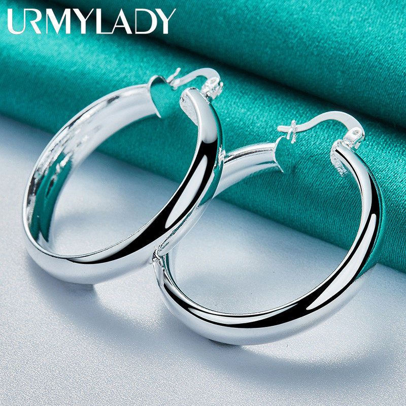 URMYLADY Bạc 925 Tròn Mịn Vòng Bông Tai Tai Vòng Tai Cho Nữ Thời Trang Quyến Rũ Cưới Đính Hôn Trang Sức