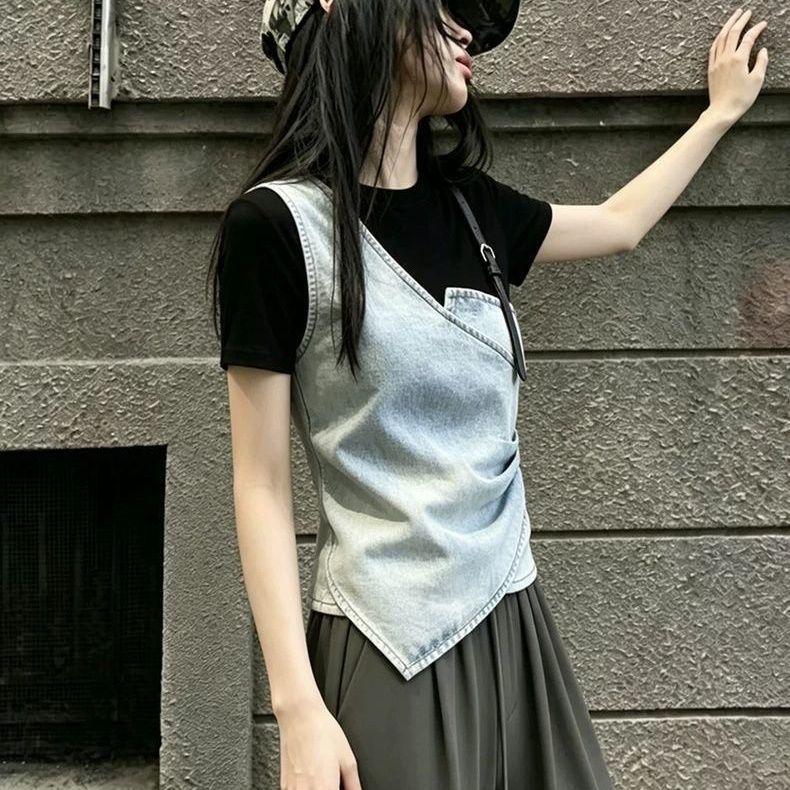 [Hàng mới về] Áo thun ngắn tay giả hai mảnh dáng rộng phiên bản bụng mùa hè Niche Fashion Casual Top (Không quyết định)